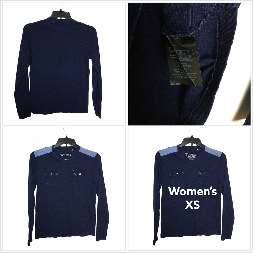 Women’s Guess XS 0 - 2 V-Neck Long Sleeve Shirt Top Navy Chest Pockets